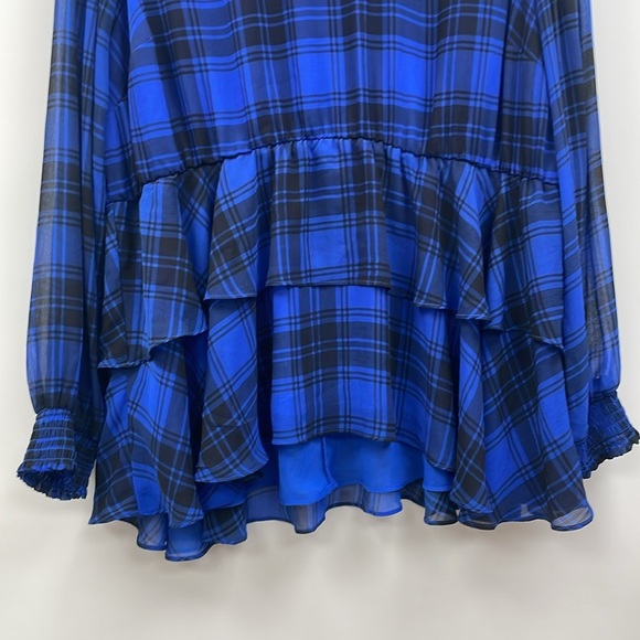 Torrid Tartan Plaid Crinkle Chiffon Smock Neck Ruffle Tiered Blouse Blue 1X - Picture 6 of 12